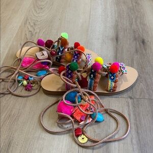 Colorful Pom Pom Sandals with Straps